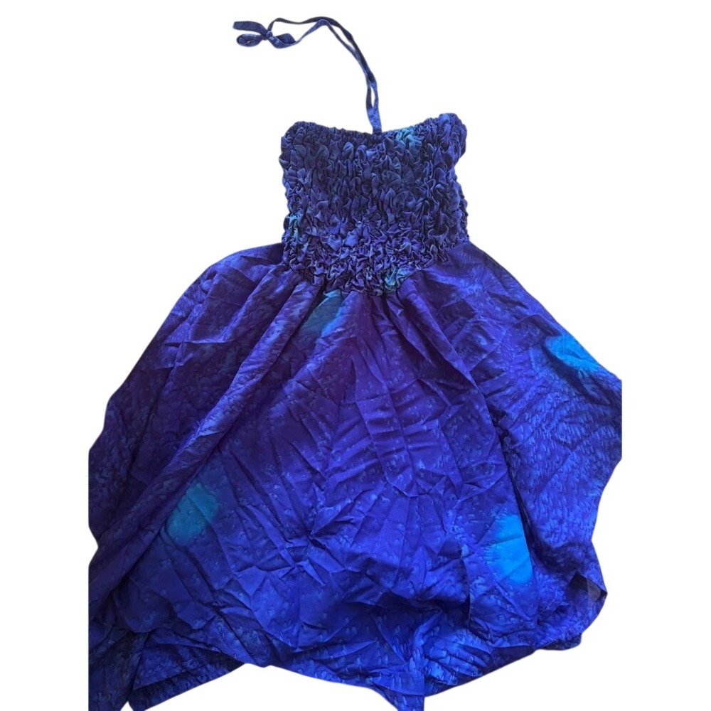 Blue Tie Dye Halter Dress Smocked Bodice Handkerchief‎ Hem Boho Summer Sun Dress